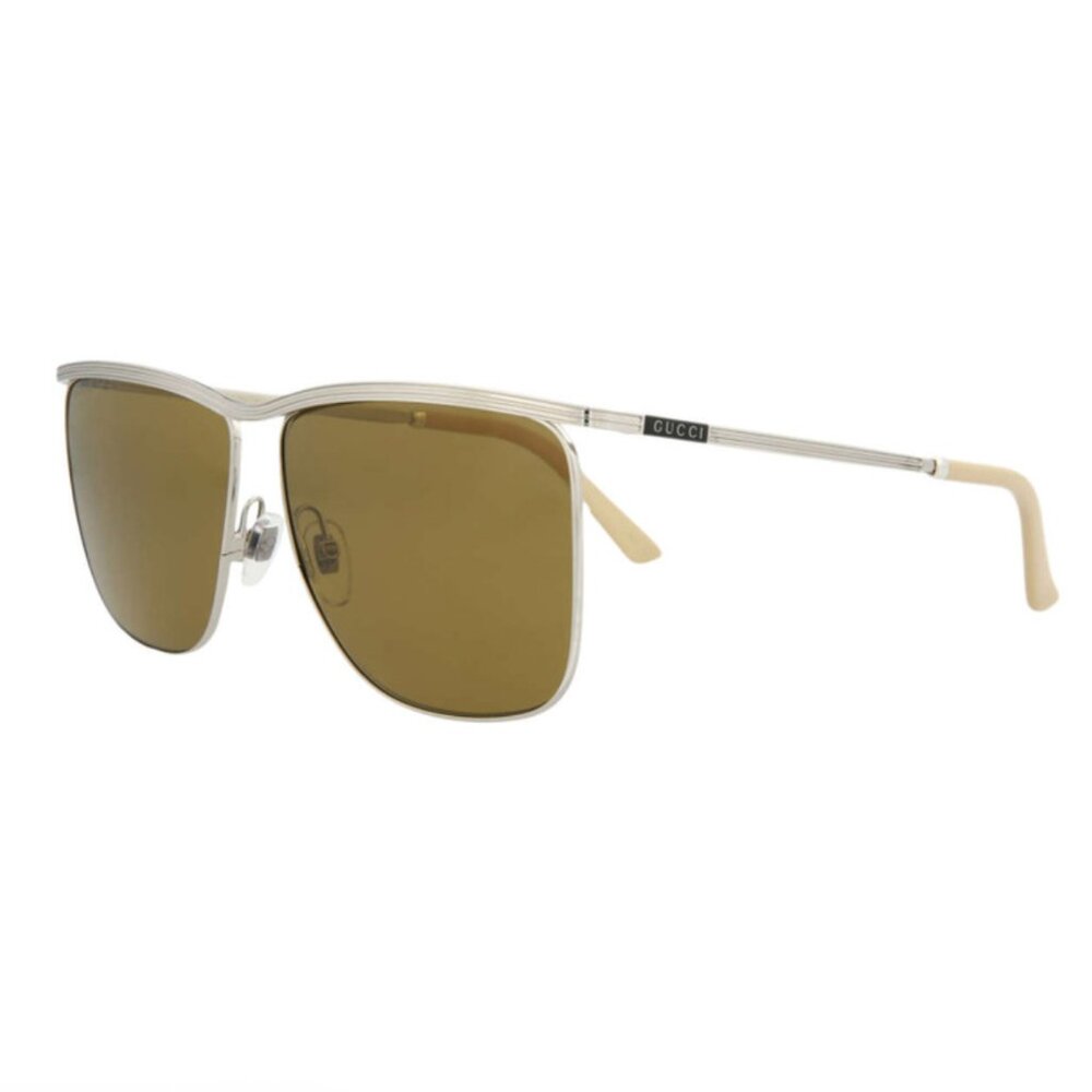 GUCCI GG0821S-002 Unisex Square Designer Sunglass Silver Black Beige/Brown 62 mm